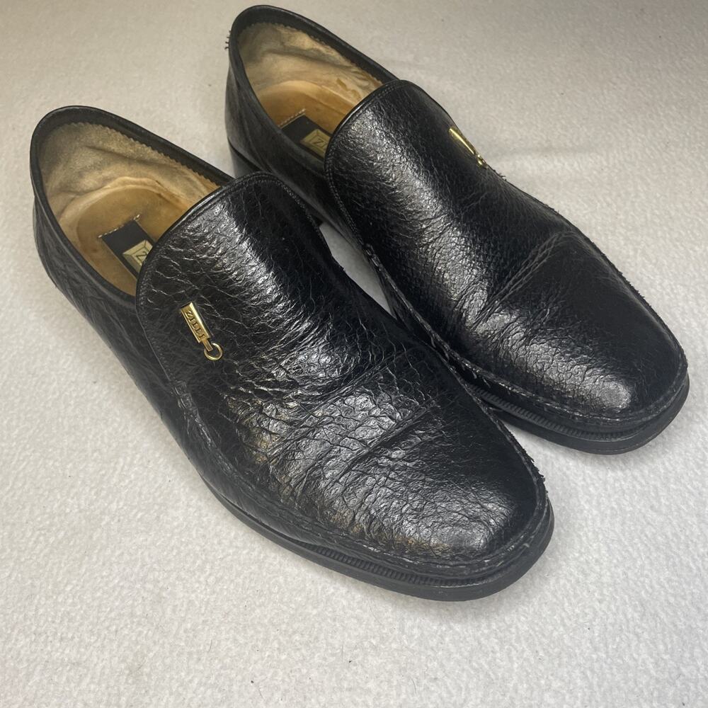 Authentic ZILLI Handmade Italian Black Leather Loafers 44 1/2 Slip On